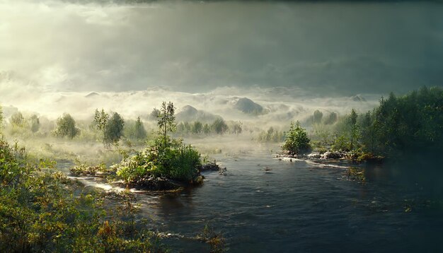 Zomerlandschap met een bos aan de oevers van de rivier in de mist