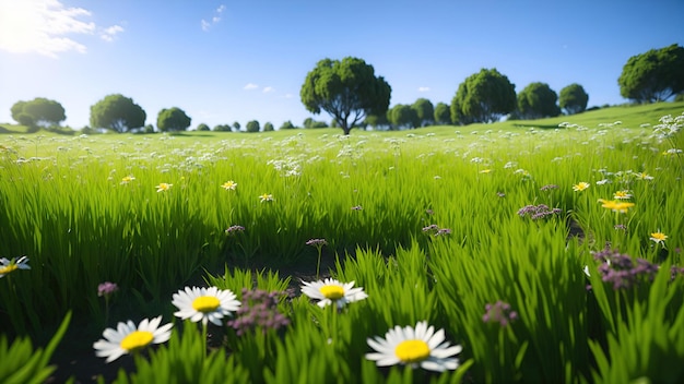 Zomerlandschap met een groen veld begroeid met graswitte madeliefjes in de veld-AI-generatie