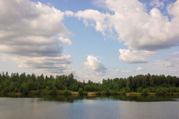 Zomerlandschap met een prachtig meer met sparren en beboste bergen tegen een bewolkte hemel