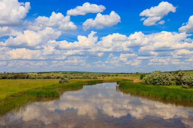 Zomerlandschap met riviertje en blauwe bewolkte lucht