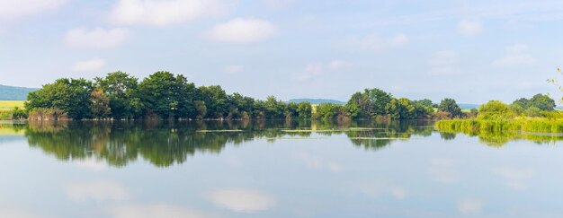 Zomerlandschapspanorama met rivier en bomen weerspiegeld in rivierwater