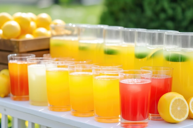 Zomerlimonadekraam met rijen glazen gevuld met verfrissend drankje gemaakt met generatieve ai