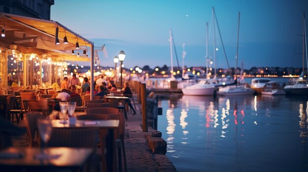 zomernacht in jachthaven wazig zee en stad lichtreflectie mensen silhouet ontspannen