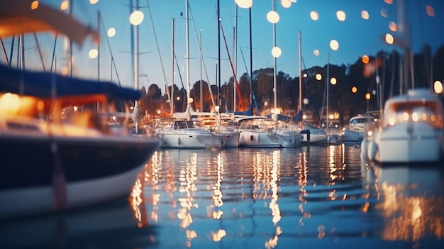 zomernacht in jachthaven wazig zee en stad lichtreflectie mensen silhouet ontspannen