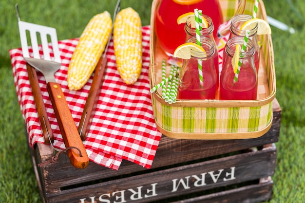 Foto zomerpicknick met kleine houtskoolgrill in het park.