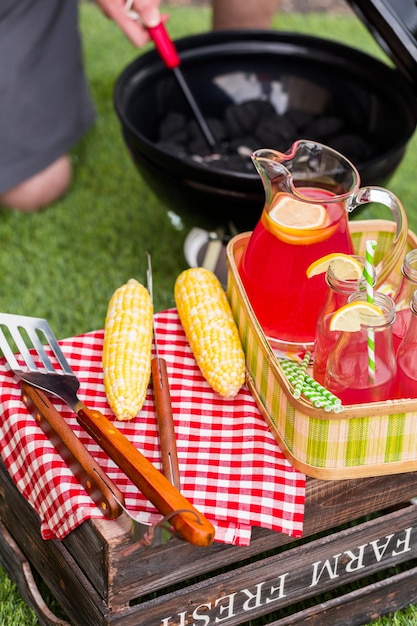 Zomerpicknick met kleine houtskoolgrill in het park.