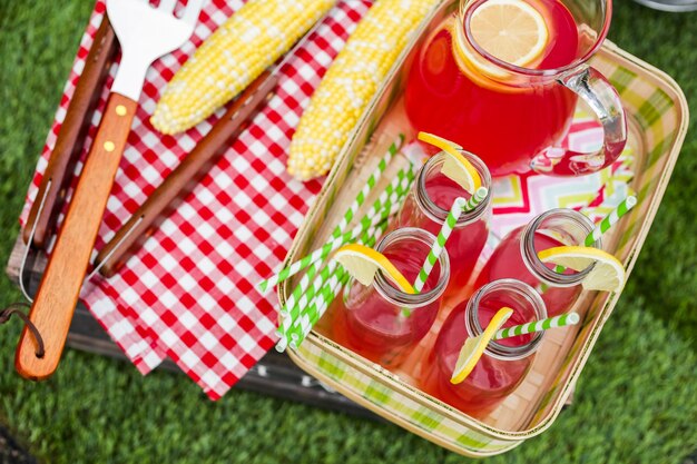 Foto zomerpicknick met kleine houtskoolgrill in het park.