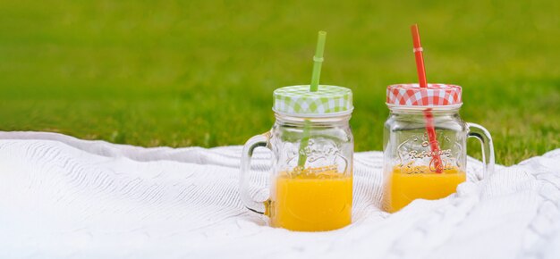 Zomerpicknickconcept op zonnige dag met watermeloen, fruit, boekethortensia en zonnebloemenbloemen.