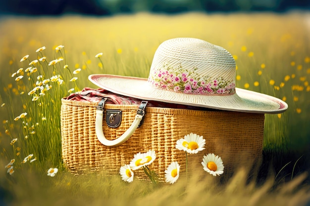 Zomerpicknickmand in de zomer bloemenweide met hoed