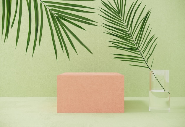 Zomerpodium, platform voor reclame voor producten van geometrische objecten met tropisch palmblad.