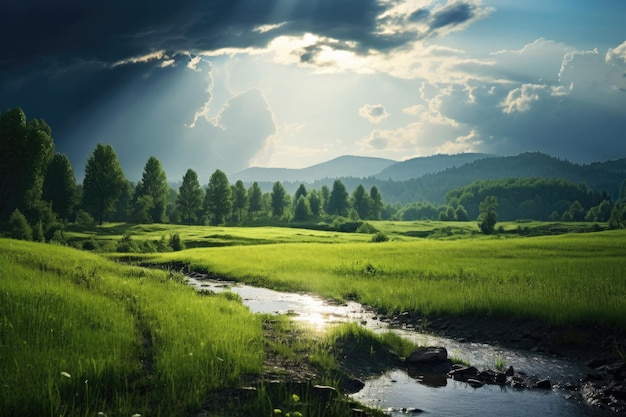 Zomerregen op een groene weide in zonlicht