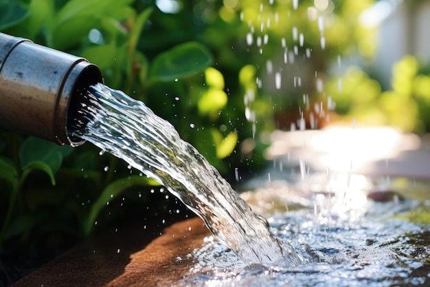 Zomerregenwater loopt via een regenpijp in de tuin van dichtbij in een metalen vat