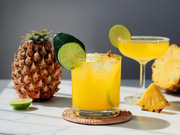 Zomers cocktailglas met verse ananas en limoen direct zonlicht schietend