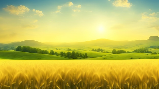 Zomers landschap met een veld van rijpe tarwe en heuvels en dalen op de achtergrond