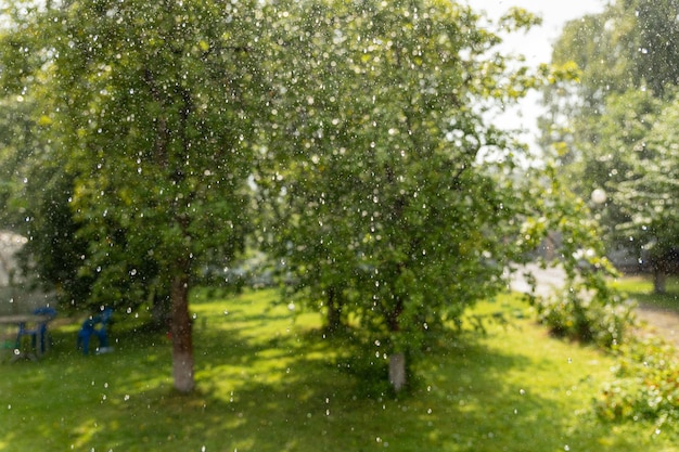 Zomerse regendruppels vallen uit de lucht met uitzicht op