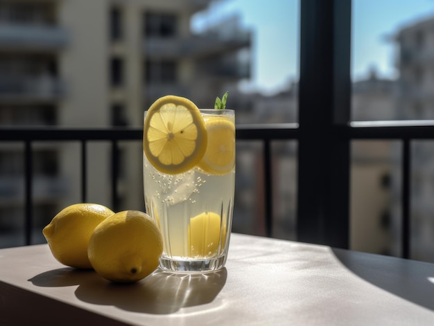 Zomerse verfrissende limonade met citroenen op een balkon Generatieve AI