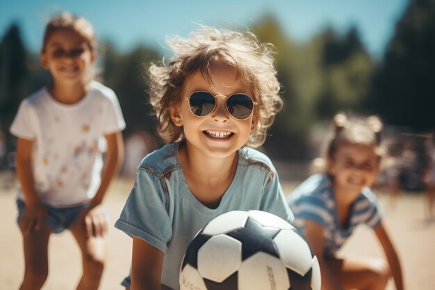 Zomerspeeltijd Schattige kinderen met een voetbal op het sportveld Generatieve AI