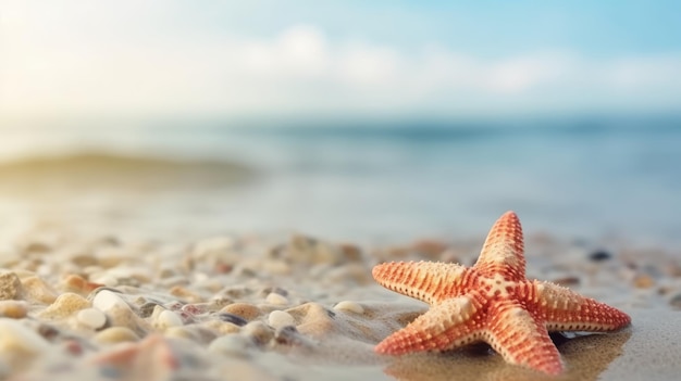 Zomerstrand aan zee met zeesterschelpen koraal op zand generatieve ai