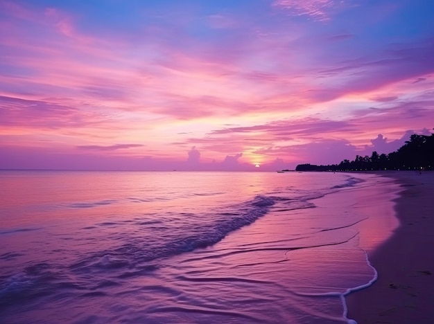 Zomerstrand met blauw water en paarse lucht bij de zonsondergang