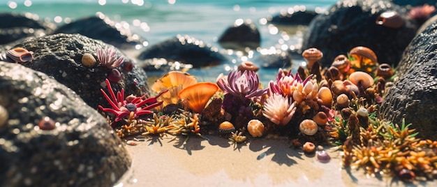 Foto zomerstrand met een levendig koraalrif op een ondiepe schotel.