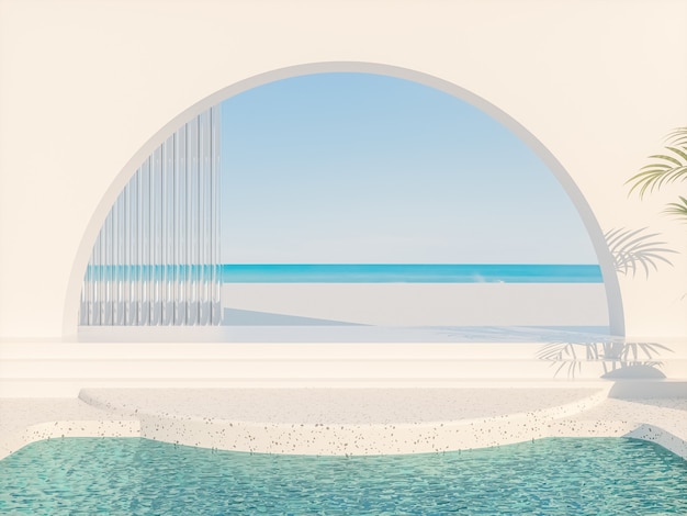 Zomertafereel met geometrische vormen boog met een podium in natuurlijk daglicht uitzicht op zee 3D-rendering