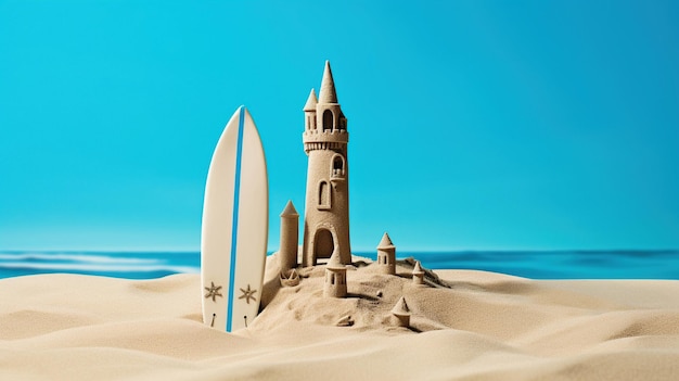 Zomerthema met surfplank en zandkasteel op een felblauwe achtergrond Generatieve Ai