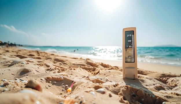 Zomerthermometer op het strand op een hete zomerdag