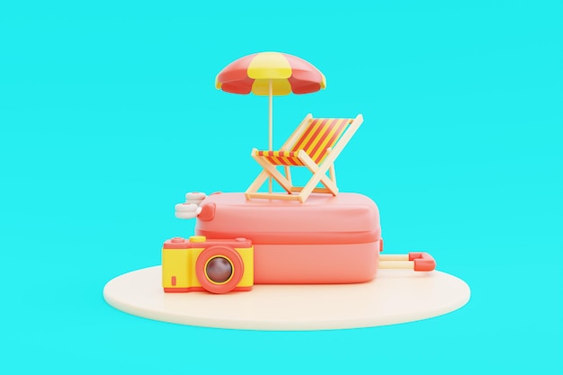 Zomertijd concept Koffer met strand elementen strandstoel parasol en camera vakantie en vakantie 3D-rendering