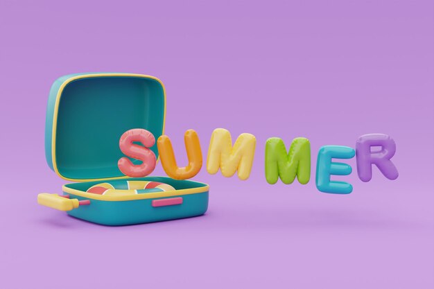 Zomertijd concept met koffer en kleurrijke zomer strand elementen 3D-rendering