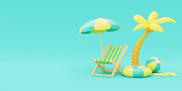 Zomertijd concept met strandstoel paraplu opblaasbare ring bal en kokospalm vakantie en vakantie 3D-rendering