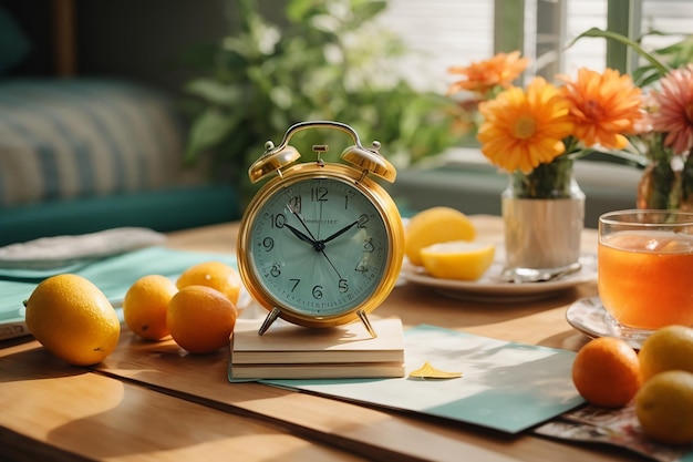 Foto zomertijd papieren kaart en wekker op de beachtable