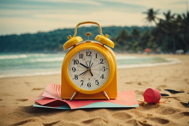 Foto zomertijd papieren kaart en wekker op de beachtable