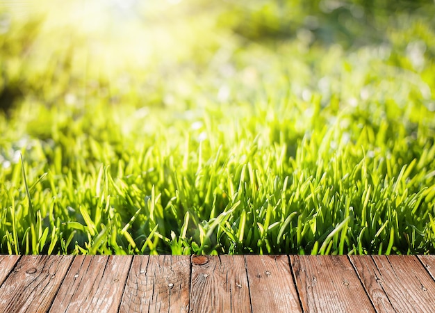 Zomertuin achtergrond met groen gras en houten planken