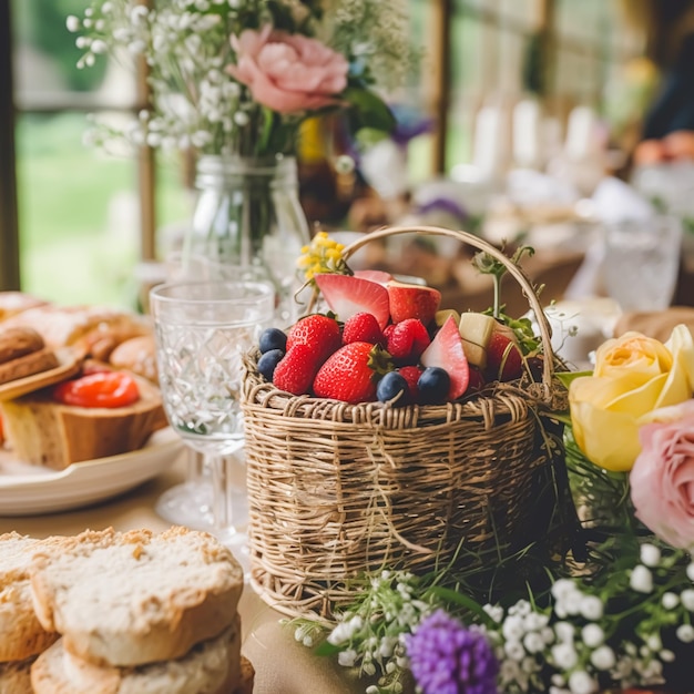 Zomertuin oogst boerenmarkt en landelijke buffettafel taarten en desserts in rieten mand in de tuin eten catering voor bruiloft en vakantie feest bloemendecor idee