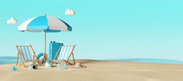 Zomervakantie concept Banner van strandstoelen en accessoires op het strand3d illustratie