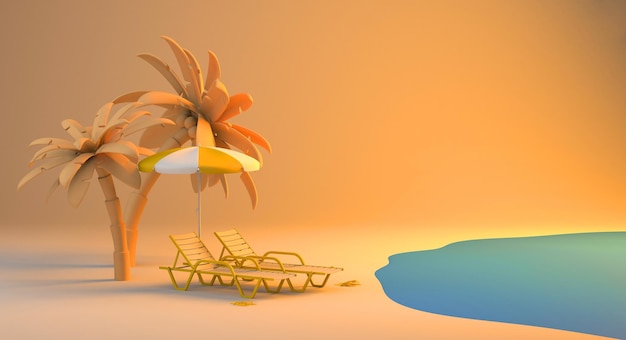 Zomervakantie concept met strandstoelen aan de kust en palmbomen Kopieer ruimte 3D illustratie