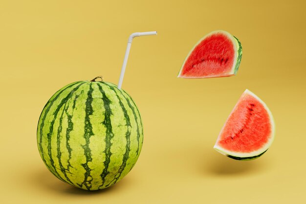 Zomervakantie concept vitamine cocktail met stro in watermeloen naast plakjes watermeloen 3d render