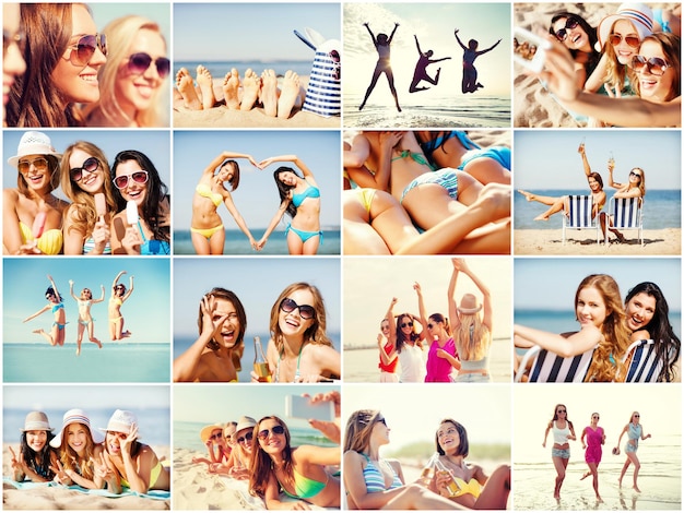 zomervakantie en vakantieconcept - collage van veel foto's met mooie meisjes die plezier hebben op het strand en selfie nemen