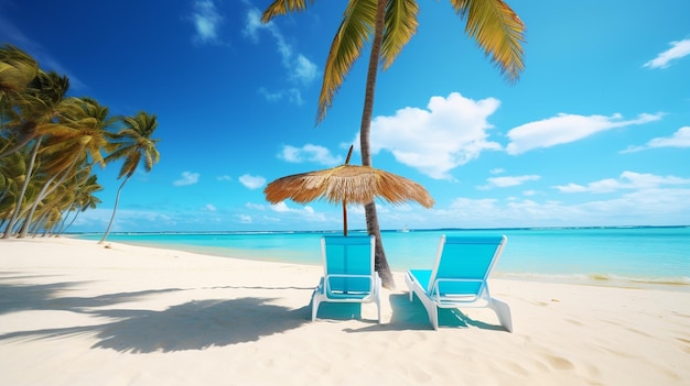 Zomervakantie in de Dominicaanse Republiek Strandstoelen op het witte zand van het blauwe Caribisch gebied