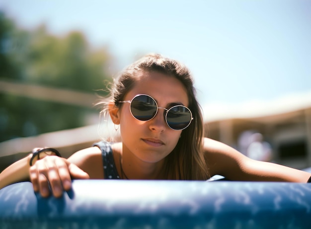 Zomervakantie lachende jonge vrouw die geniet van een aquapark met een gele vlotter op sprankelend blauw wa