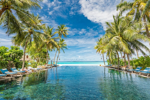 Zomervakantie landschap, luxe resort palmen infinity pool, verbazingwekkende zeegezicht lagune zonnige blauwe lucht
