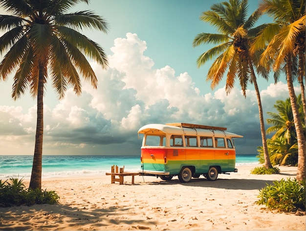 Zomervakantie met een bus geparkeerd op het strand