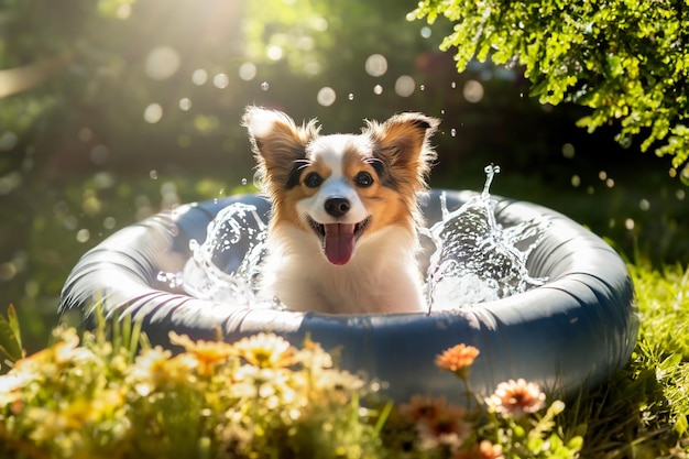 Zomervakantie op het platteland gelukkige hond zwemt in een opblaasbaar zwembad