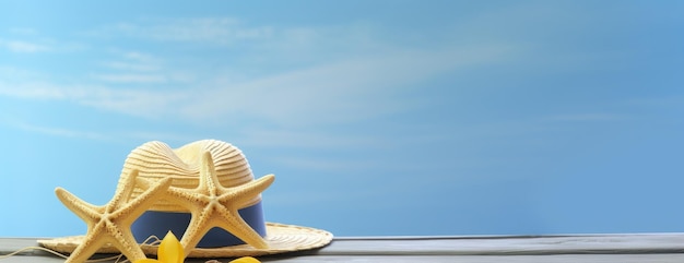 Zomervakantie op het strand Vakantie reisaccessoires en mode op zand en blauwe achtergrond inclusief mobiele telefoon camera vliegtuig paspoort hoed en flip lop gecreëerd met Generative AI technologie