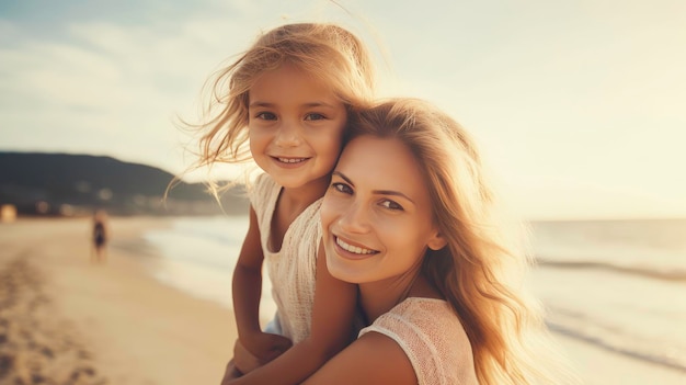 Zomervakantie van een gelukkige moeder en dochter op het strand AI gegenereerd