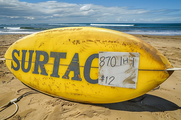 Foto zomerverkoop surfplank met prijskaartje op het strand