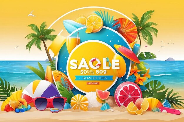 Zomerverkoop vector banner ontwerp voor promotie met kleurrijke strand elementen achter wit