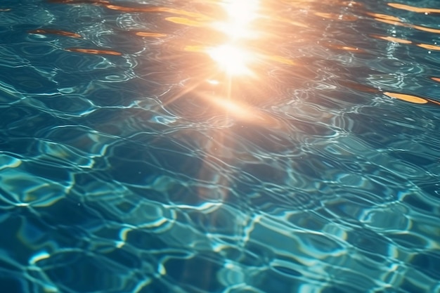Zon die over een zwembad schijnt met de zon die door het water schijnt.