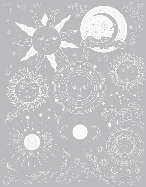 Zon grafische symbolen astrologie tarot schattige cartoon kleur tatoeage apart op een witte