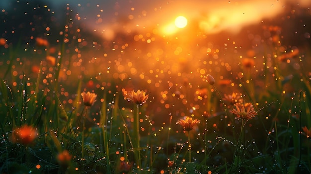 Zon ondergaat over een veld van bloemen